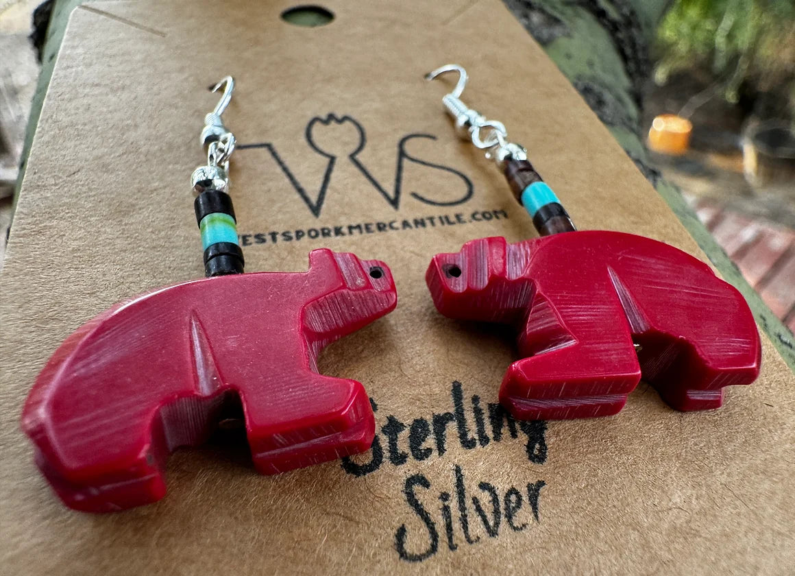 Zuni Bear Fetish Dangle Earring (Turquoise or Coral) - West Spork Mercantile
