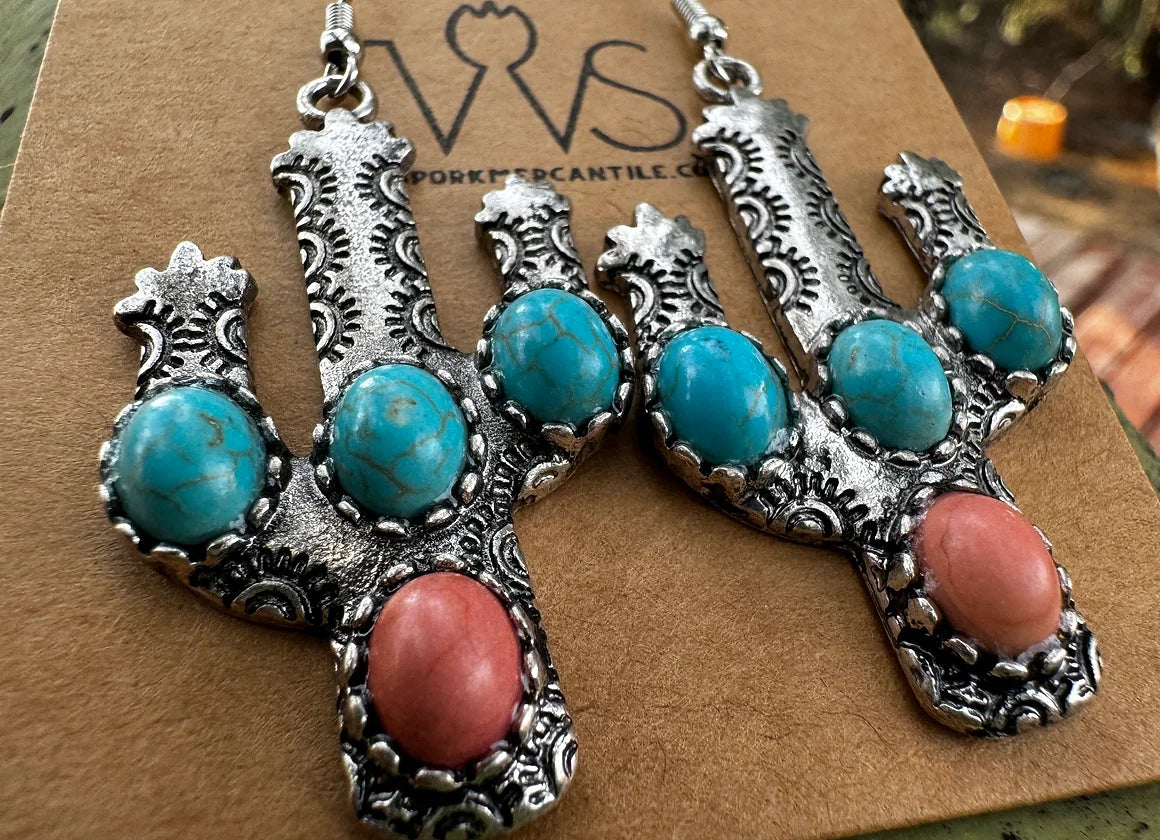 Faux Turquoise Cactus Charm Dangle Earrings - West Spork Mercantile