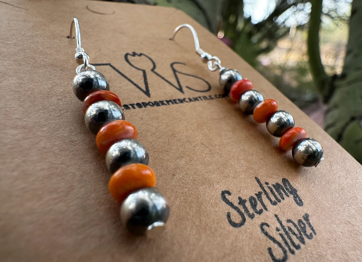 Orange Spiny Oyster and Navajo Pearl Straight Dangle Earrings - West Spork Mercantile