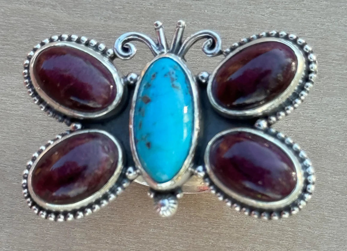 Turquoise and Charoite Butterfly Ring - Adjustable - West Spork Mercantile