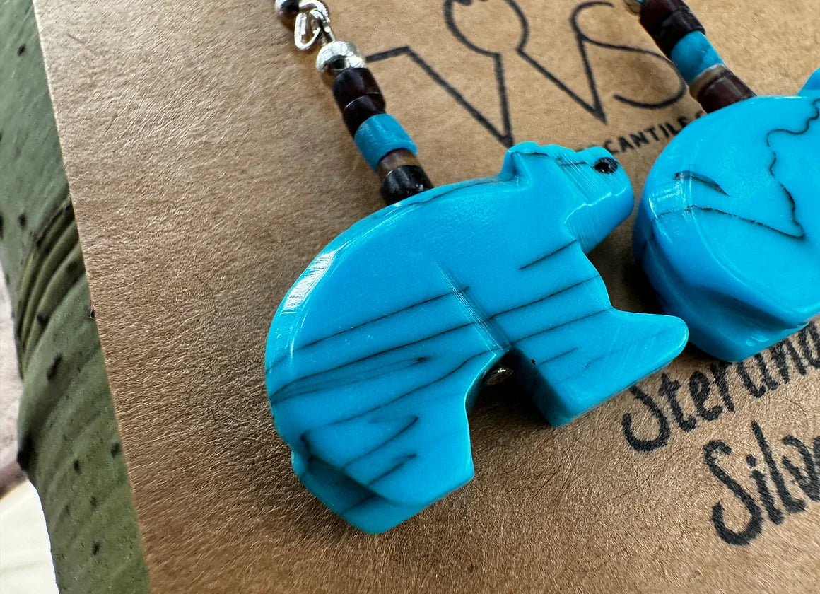 Zuni Bear Fetish Dangle Earring (Turquoise or Coral) - West Spork Mercantile