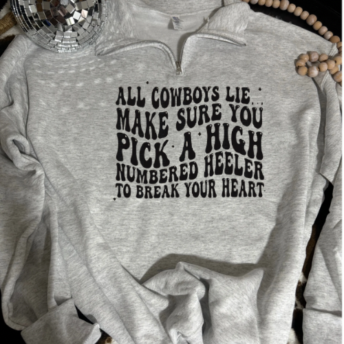 High number heeler quarter zip