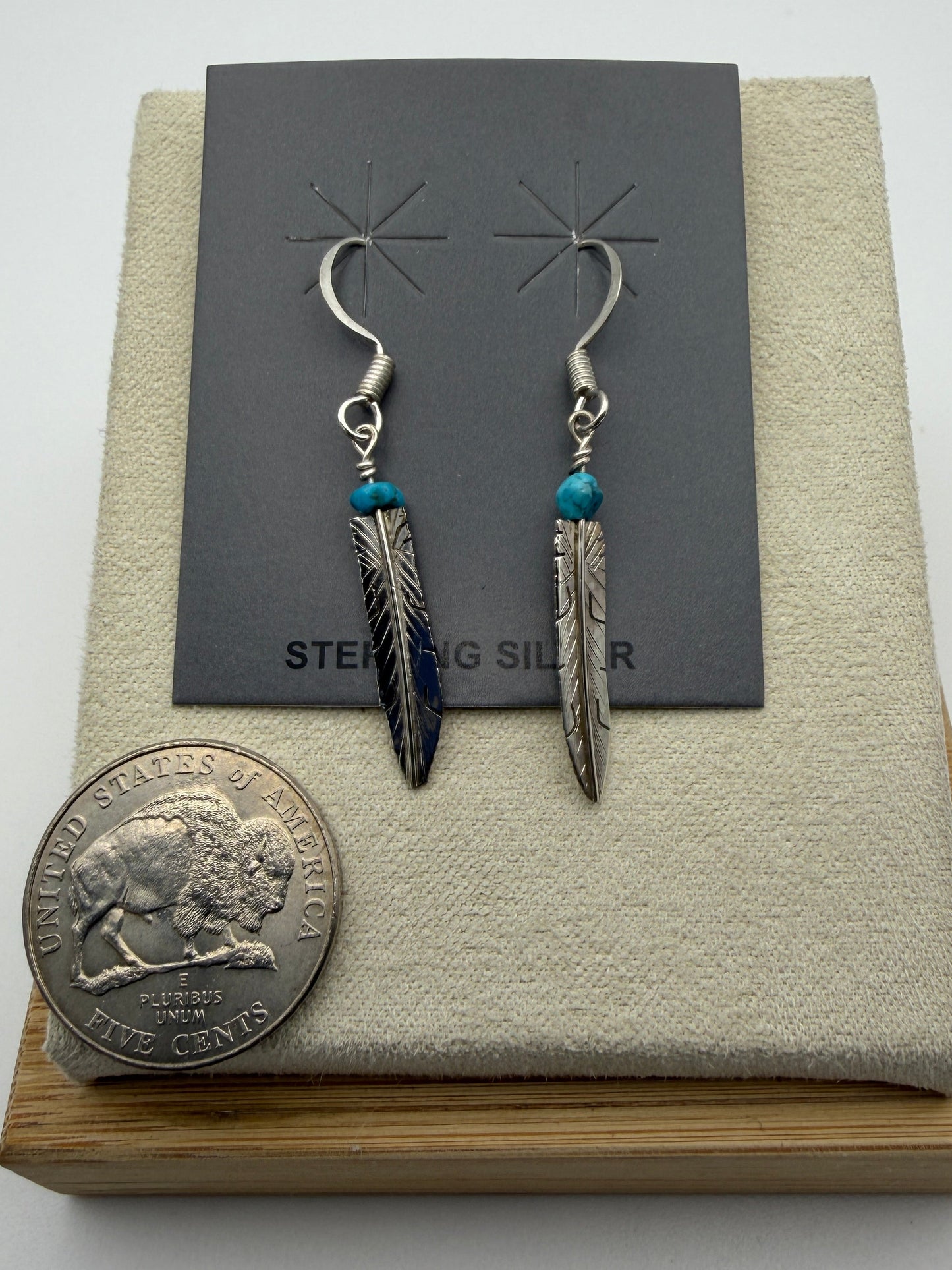 Marvin Arviso – Sterling Silver Feather Earrings with Turquoise Chip