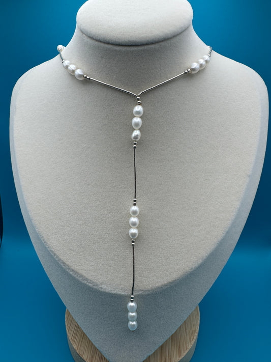 Freshwater Pearl & Liquid Silver Lariat Necklace - West Spork Mercantile