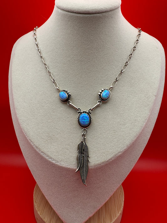 Sterling Silver & Blue Fire Opal Necklace with Feather Drop – Unsigned - West Spork Mercantile