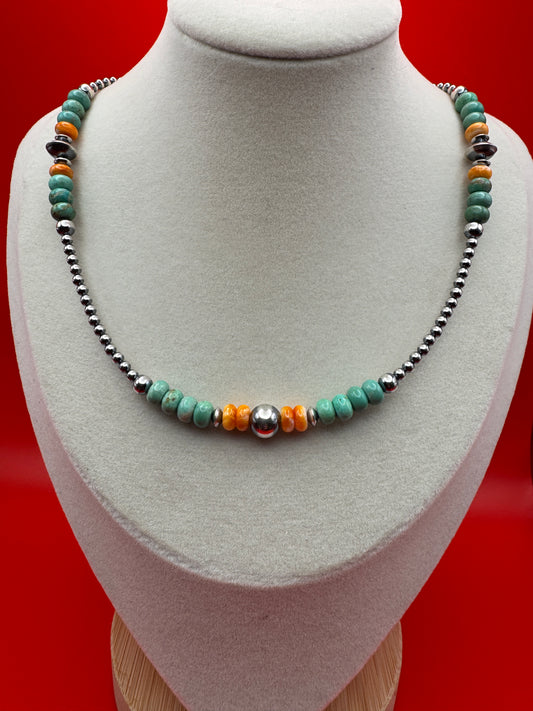 18” Sterling Necklace with Green Turquoise & Spiny Oyster (3–8mm Beads) - West Spork Mercantile