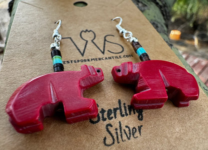 Zuni Bear Fetish Dangle Earring (Turquoise or Coral) - West Spork Mercantile