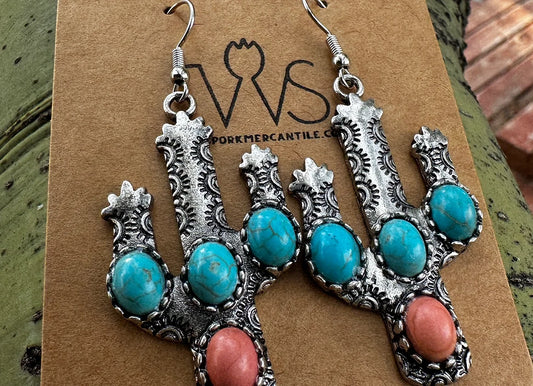 Faux Turquoise Cactus Charm Dangle Earrings - West Spork Mercantile