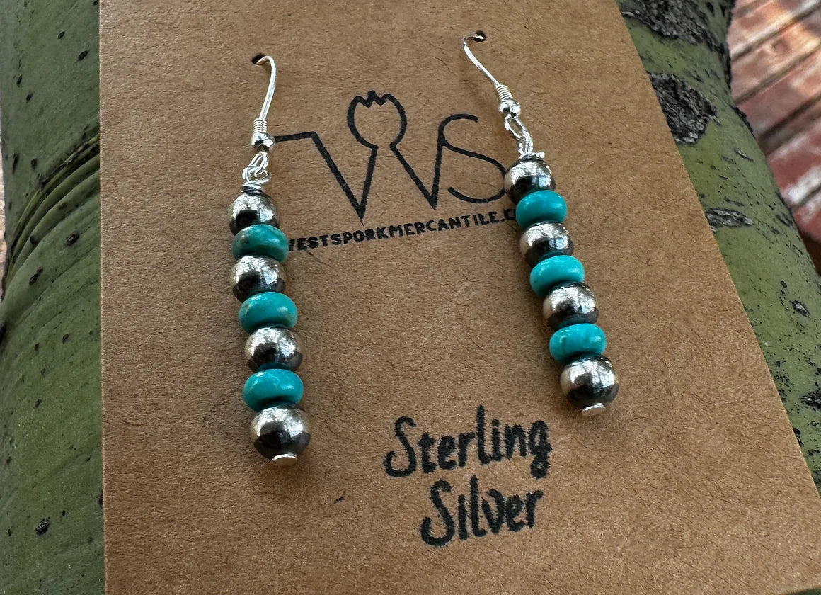 Turquoise Navajo Pearl Straight Dangle Earrings - West Spork Mercantile