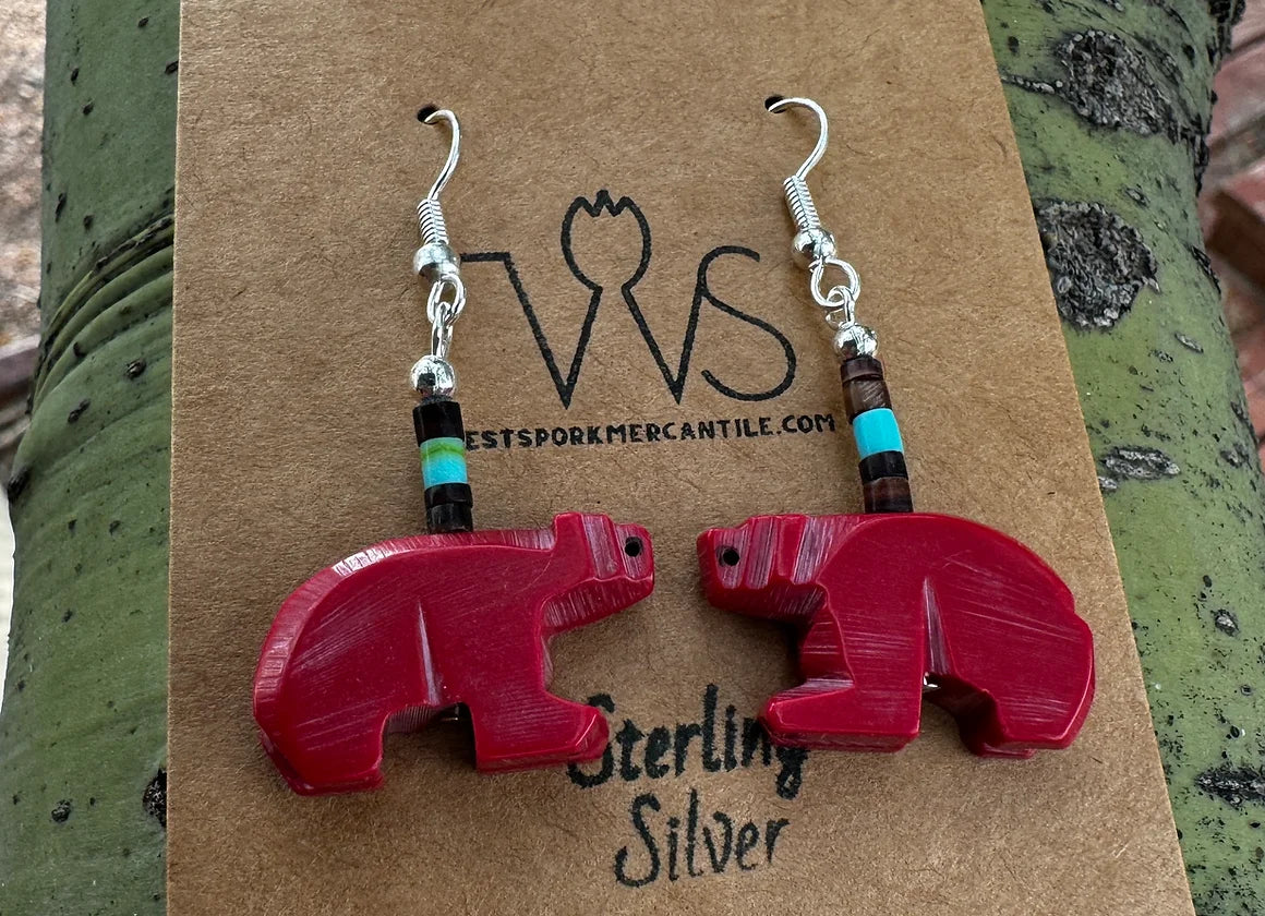 Zuni Bear Fetish Dangle Earring (Turquoise or Coral) - West Spork Mercantile