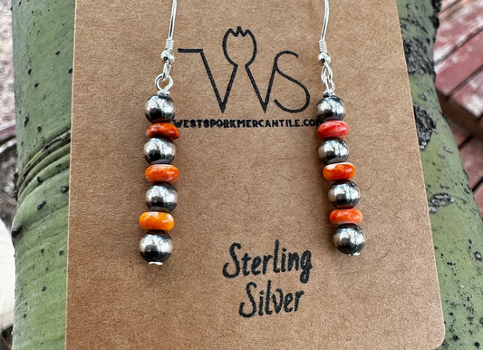 Orange Spiny Oyster and Navajo Pearl Straight Dangle Earrings - West Spork Mercantile