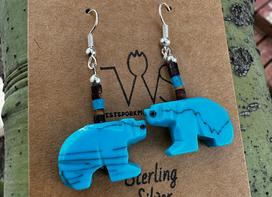 Zuni Bear Fetish Dangle Earring (Turquoise or Coral) - West Spork Mercantile