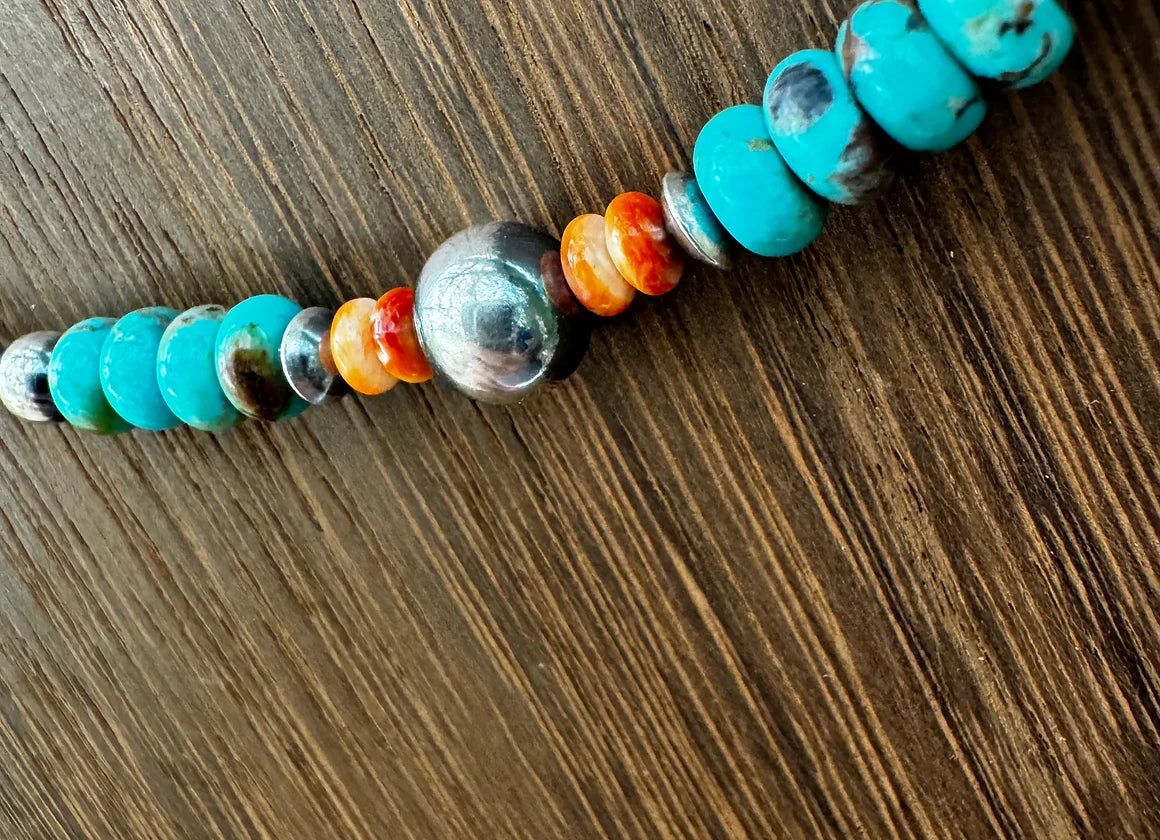 Navajo Pearl, Orange Spiny, and Turquoise Necklace - West Spork Mercantile