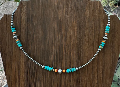 Navajo Pearl, Orange Spiny, and Turquoise Necklace - West Spork Mercantile