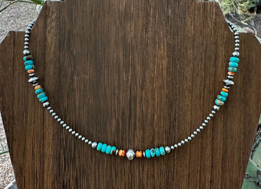 Navajo Pearl, Orange Spiny, and Turquoise Necklace - West Spork Mercantile