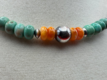 18” Sterling Necklace with Green Turquoise & Spiny Oyster (3–8mm Beads) - West Spork Mercantile