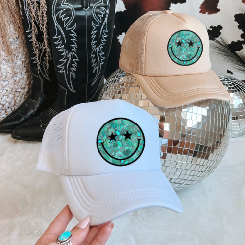 Turquoise smiley western trucker hat