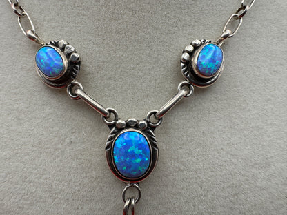 Sterling Silver & Blue Fire Opal Necklace with Feather Drop – Unsigned - West Spork Mercantile