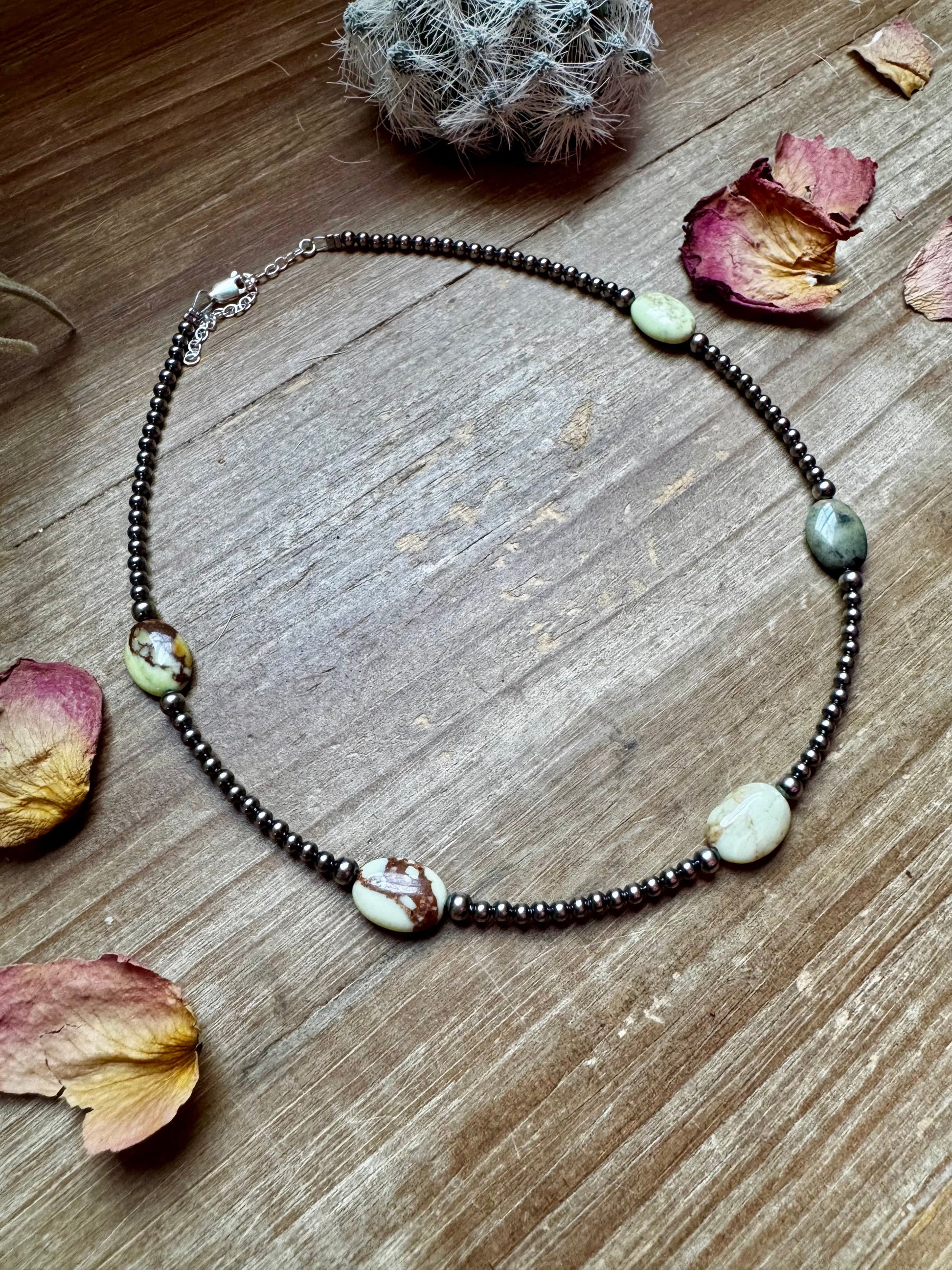 5 Magnesite Lemon Turquoise Choker And Sterling Silver Pearls - West Spork Mercantile
