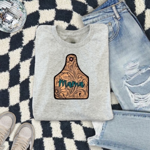 Tooled leather “Mama” cowtag  sublimation T-shirt