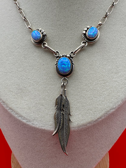 Sterling Silver & Blue Fire Opal Necklace with Feather Drop – Unsigned - West Spork Mercantile