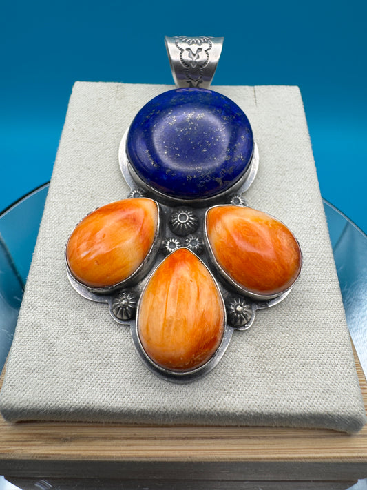 Lapis & Spiny Oyster Pendant by Ned Nez – Sterling Silver - West Spork Mercantile