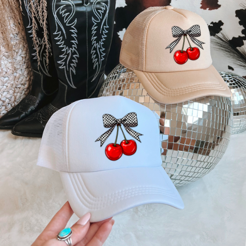 Checkered cherry western trucker hat