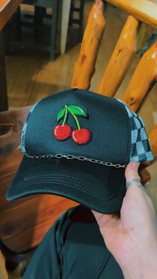 Cherry + checkered mesh trucker hat