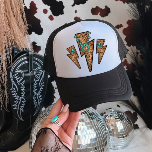 Tooled leather bolt western trucker hat