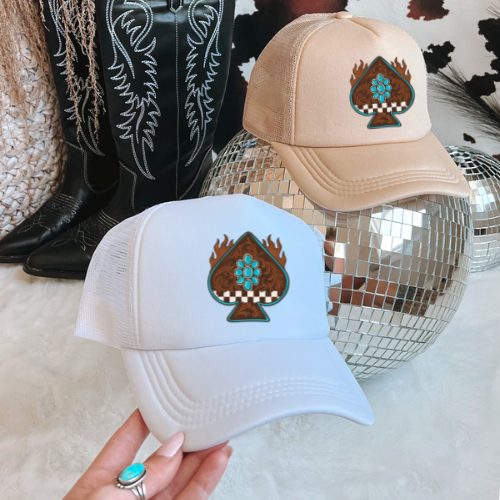 Tooled leather spade western trucker hat