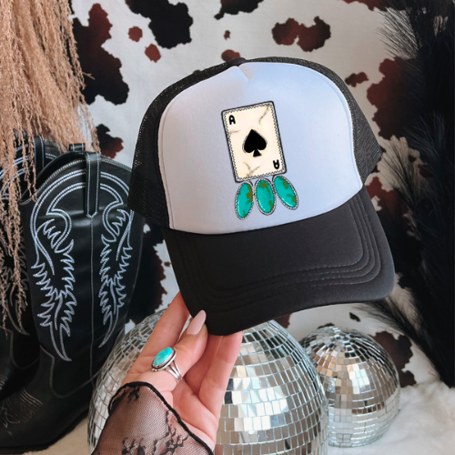 Turquoise playing card western trucker hat