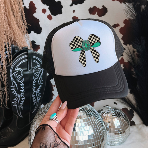 Turquoise checkered bow western trucker hat