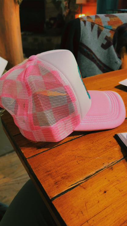 Hey cowboy - pink checkered mesh trucker hat - West Spork Mercantile