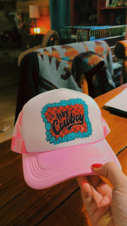 Hey cowboy - pink checkered mesh trucker hat - West Spork Mercantile