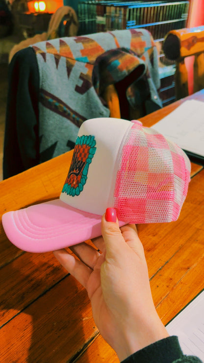 Hey cowboy - pink checkered mesh trucker hat - West Spork Mercantile
