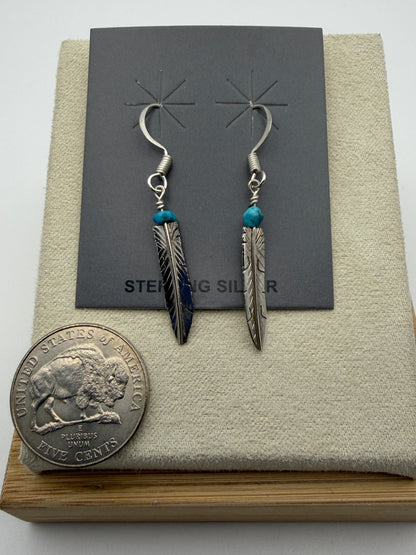 Marvin Arviso – Sterling Silver Feather Earrings with Turquoise Chip