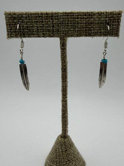 Marvin Arviso – Sterling Silver Feather Earrings with Turquoise Chip