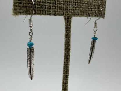 Marvin Arviso – Sterling Silver Feather Earrings with Turquoise Chip