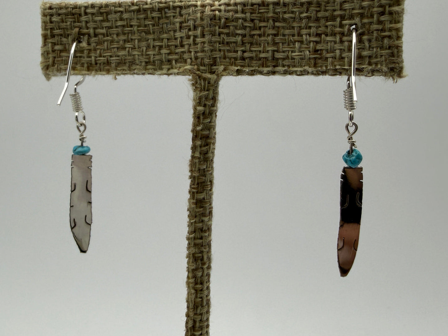 Marvin Arviso – Sterling Silver Feather Earrings with Turquoise Chip