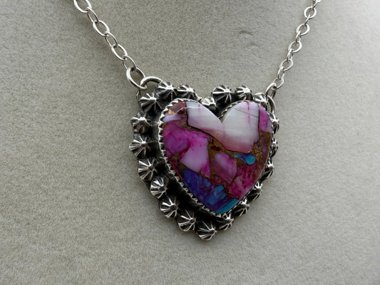Shinay Begay – Pink Mohave Heart Inlay Necklace